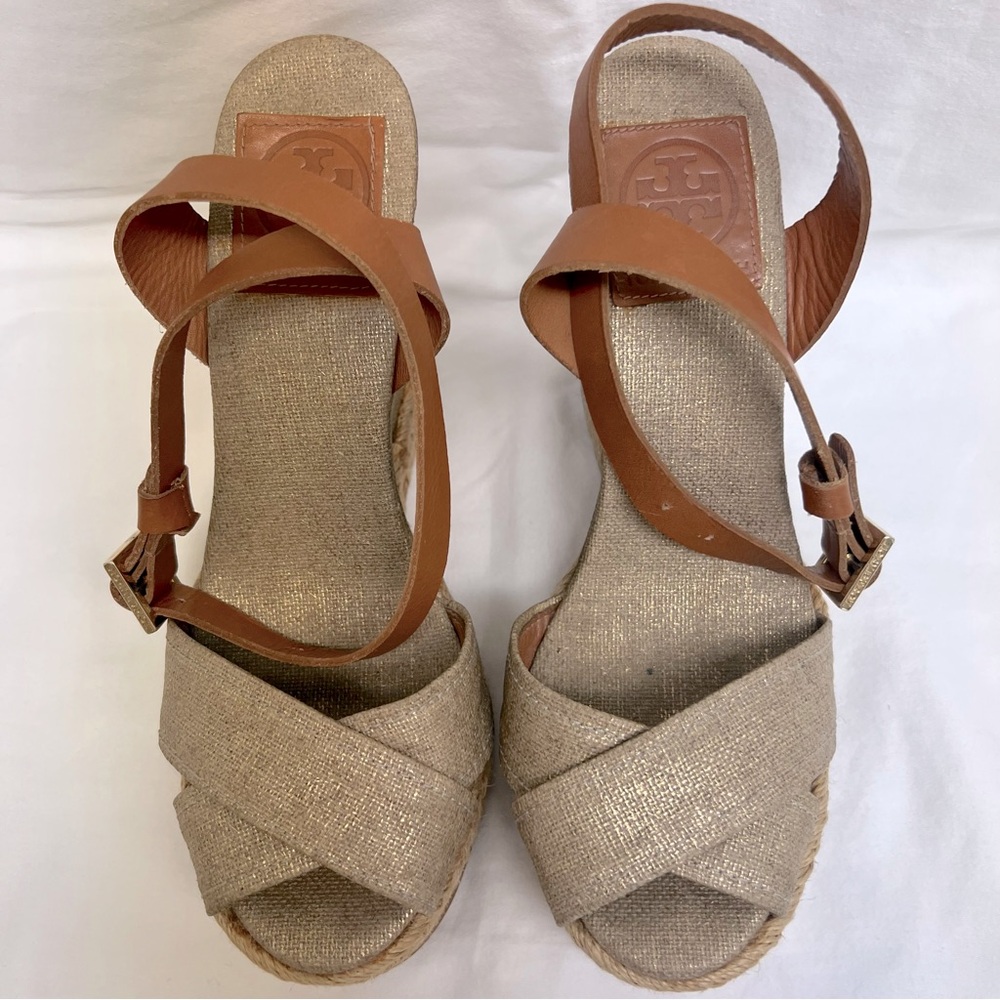 Tory Burch gold canvas wedge espadrilles with camel colored leather ankle strap - Picture 3 of 9